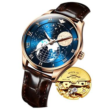 Imagem de OUPINKE Relógio de pulso masculino esqueleto, mecânico, automático, com calendário, cristal de safira, aço de tungstênio, à prova d'água, Cinto de couro marrom - mostrador azul - 1, Mecânico