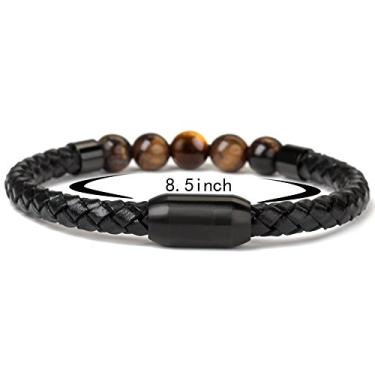 Imagem de Pulseira Ckysee 7 Chakra Lava Rock Balanceamento de couro genuíno com fecho magnético Olho de tigre Ágata Howlite para homens 8.5 inches Multicor