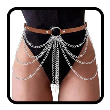 Imagem de Cosydays Cinto punk com corrente de couro e borlas. Joias góticas ajustáveis em camadas para festa rave acessórios para mulheres e meninas, Correntes de couro, PVC, prata