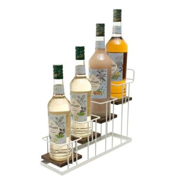 Imagem de J JACKCUBE DESIGN Suporte de garrafa de xarope, madeira rústica e fio de metal branco, xarope de 4 níveis, vinho, garrafa de molho suporte de armazenamento para bancada de cozinha - MK816B