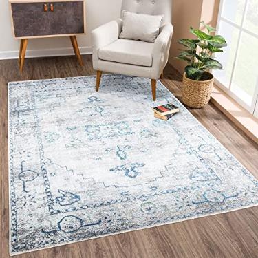Imagem de Bloom Rugs Tapete lavável antiderrapante de 1,2 m x 1,8 m - Tapete de área tradicional azul-petróleo/bege para sala de estar, quarto, sala de jantar e cozinha - Tamanho exato: 10 x 15 cm
