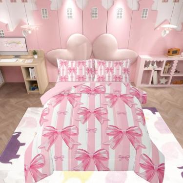 Imagem de Feelyou Conjunto de edredom com laço rosa, princesa sonhadora, tamanho casal, decoração de quarto de meninas, edredom feminino com laço fofo, conjunto de cama com laço geométrico kawaii, para todas as