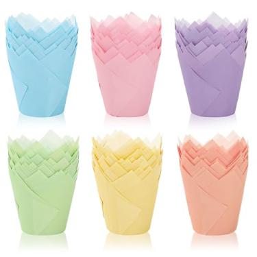 Imagem de FYSUIMU 180 peças de forros de cupcake de tulipa pastel, copos coloridos para bolos de muffin rosa, azul, roxo, amarelo, laranja, verde, envoltórios de cupcake para primavera, Páscoa, férias,