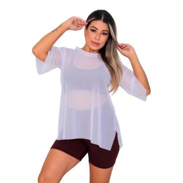 Imagem de Blusa Tule Feminina Fitness Academia Manga Curta Branco - Rcv Store, B