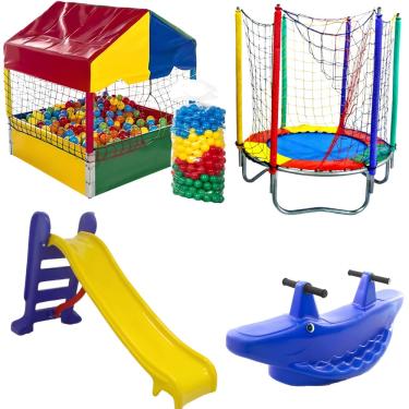 Imagem de KIT PLAYGROUND Cama Elástica 1,40m  Piscina de Bolinhas Quadrada 1,00m c/ 500 Bolinhas Escorregador Médio Gangorra 2 Lugar
