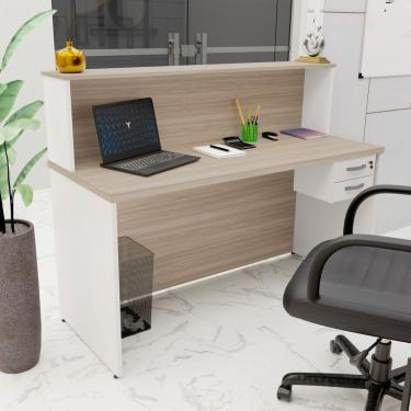 Imagem de Balcão Atendimento Recepção Consultório 140x60cm 2 Gavetas Carvalho / Branco