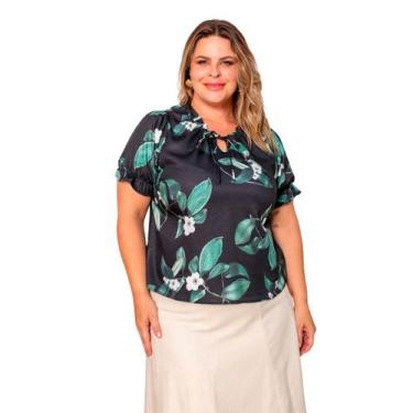 Imagem de Blusa feminina plus size manga curta estampa tropical com renda em cre