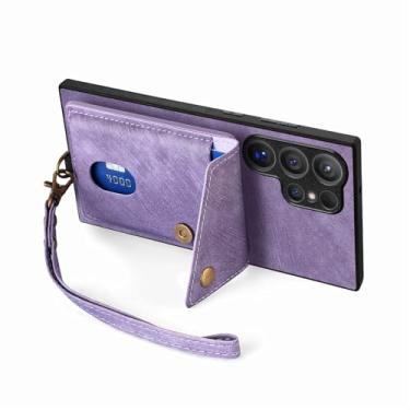 Imagem de LYJSMGZ Capa com alça de pulso para Samsung Galaxy S25 Ultra/S25 Plus/S25, capa de telefone fina de couro com compartimento para cartão, suporte para sucção magnética de veículos, roxa, S25