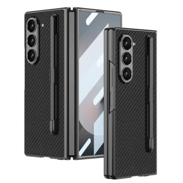 Imagem de FWYANZH Capa de couro com revestimento para Samsung Galaxy Z Fold 6, com suporte para S-Pen, protetor de tela de câmera à prova de choque, elegante, textura de fibra de carbono, capa para celular,