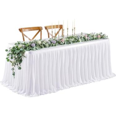 Imagem de Saia de mesa branca longa de 1,8 m para decoração de mesa retangular – Saia de mesa plissada de poliéster resistente a vincos para escritório, chá de bebê, festa de aniversário, casamento, banquete,