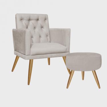 Imagem de Kit Poltrona e Puff Redondo Maria Capitonê Pé Palito Suede Bege - Ahz Móveis