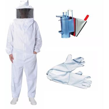 Imagem de Kit Apicultor Macacão Brim gg Fumigador e Luvas Suécia