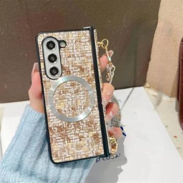 Imagem de Capa de telefone magnética de couro com alça de pulso para Samsung Galaxy Z Fold 6 5 4 3 5G, capa protetora com dobradiça de corda de mão, marrom, para Samsung Galaxy Z Fold6
