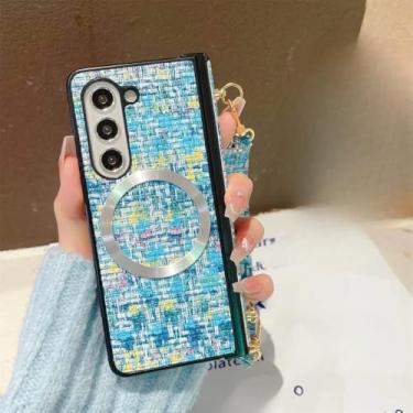 Imagem de Capa de telefone magnética de couro com alça de pulso para Samsung Galaxy Z Fold 6 5 4 3 5G, capa protetora com dobradiça de corda de mão, azul, para Samsung Galaxy Z Fold6