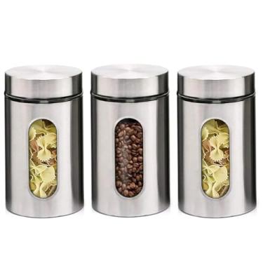 Imagem de Jogo de 3 Potes de Inox 1,0L com Tampa Hermética e Visor de Vidro - Ideal para Armazenar Alimentos Secos, Grãos e Mantimentos - Super Resistente