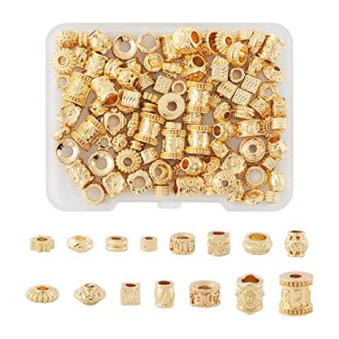Imagem de Spritewelry 120 peças de contas espaçadoras tibetanas douradas 15 estilos coluna cubo barril metal soltos espaçadores contas para tranças de cabelo homens mulheres artesanato pulseiras brincos colares