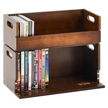 Imagem de CroBlissful 2 conjuntos de caixas de armazenamento de DVD e CD de madeira, suporte de fita cassete com alça de transporte, prateleira organizadora para capas de filmes, cada um pode armazenar até 36