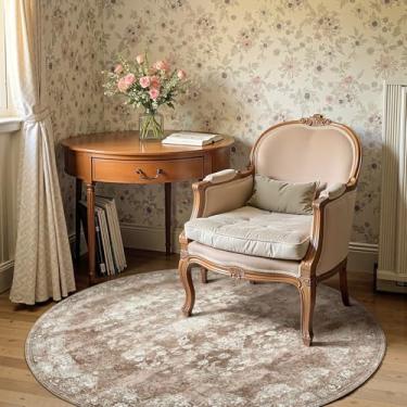 Imagem de jinchan Tapete redondo de 1,5 m - Tapete marrom vintage cozinha interna - Círculo lavável 1,5 m fino estampa floral tapete retrô fazenda antiderrapante sala de jantar sala de estar quarto escritório