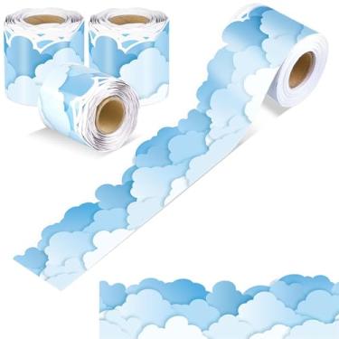 Imagem de Aodaer 3 rolos de 30 m céu azul nuvem quadro de avisos bordas recortadas guarnições de borda decorativa em forma de nuvem sala de aula enrolada borda de boletim decoração de volta às aulas para