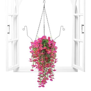 Imagem de Cestos Penduráveis com Flores Artificiais - Cesto de Plantas Falsas | Decoração Botânica Falsa para Suspensão em Exterior para Jardim Sala Estudo Corredor Varanda Hotel Casamento Sala Jantar