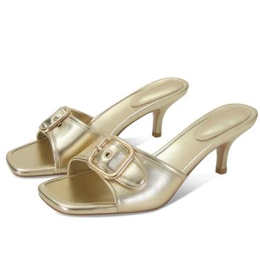 Imagem de Dsevht Sandálias pretas de salto agulha salto baixo slip on sandália mulle quadrada aberta sapato social feminino, Dourado, 37