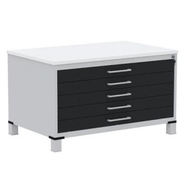Imagem de Mapoteca 5 Gavetas Pandin 120 cm (larg) Inmetro Tampo Mdp Branco Estrutura Aço Cinza Gavetas Pretas