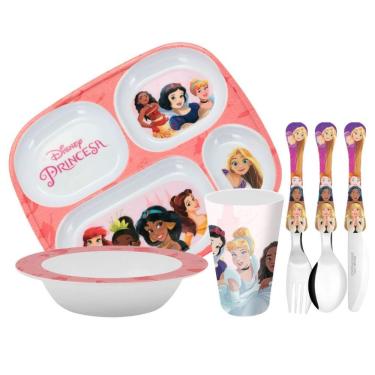 Imagem de Kit Refeição Infantil Princesas Disney 6 Peças Prato Divisória, Tigela, Copo E Talheres - Tuut
