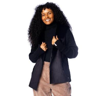 Imagem de Casaco Feminino Biamar Tricot C/ Capuz Pelo/Suede Preto-Feminino