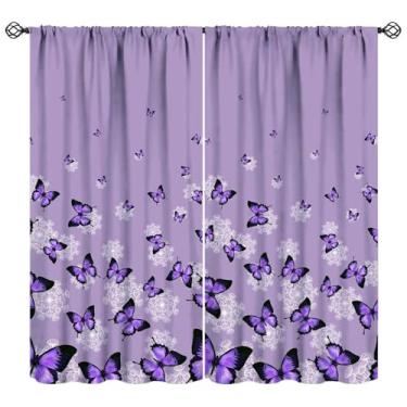 Imagem de Cortinas de borboleta para decoração de quarto de meninas, arte roxa, cortinas blackout para sala de estar, cozinha, conjunto de tecido, 2 painéis, 106 x 113 cm, taxa de sombreamento de 30%