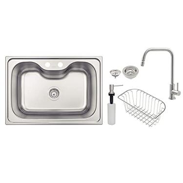 Imagem de Cuba de Sobrepor em Aço Inox Tramontina Morgana 60 FX com Acabamento Acetinado 69x49cm com Válvula, Dosador de Sabão, Cesto Aramado e Torneira.