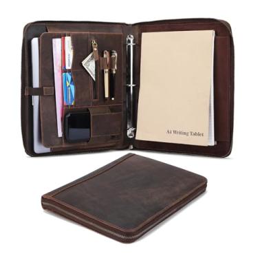 Imagem de Organizador de portfólio de couro premium com zíper – pasta de negócios marrom com compartimento para cartão, suporte de documentos, laços para caneta | Padfólio de couro com 3 anéis para fichário com