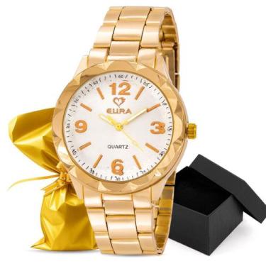 Imagem de Relógio Feminino Eura Metal Dourado Embalagem Presente, Branco