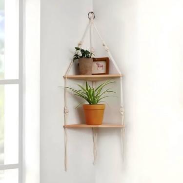 Imagem de Prateleiras flutuantes de macramê de canto de 2 camadas – Prateleira de parede feita à mão com corda tecida e madeira, decoração de pendurar boho para quarto, banheiro, sala de estar, fácil instalação