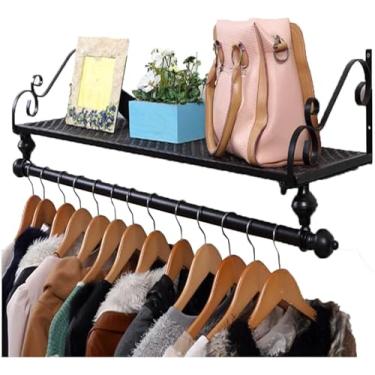 Imagem de Trilho De Roupas Montado Na Parede - Trilho De Parede Pesado Retro Com Trilho De Armazenamento De Roupas Destacável - Perfeito Para Lojas Domésticas, Black, 60x28cm