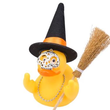 Imagem de CoFuBcad Patos de borracha engraçados decoração de painel de carro, patos de borracha de bruxa para Halloween, acessórios peculiares para pato usando um chapéu e colar, vassoura de máscara engraçada