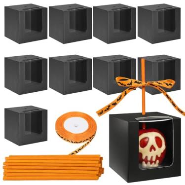 Imagem de VGOODALL 20 caixas de maçã doces pretas para Halloween, 10 x 10 x 10 cm, caixas de lembrancinhas transparentes com furo e fitas, caixas de maçã caramelo Kraft para festa de casamento, aniversário, Dia