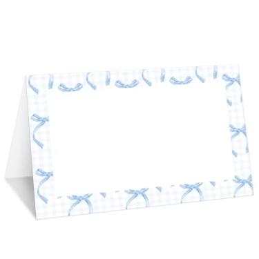 Imagem de Cartões xadrez de laço azul, conjunto de 25 cartões de nome de barraca para configuração de mesa, etiqueta de comida para casamento, chá de bebê, artigos de festa de jantar de aniversário -032