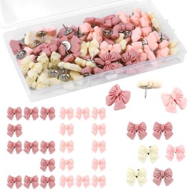 Imagem de Lindos pinos de pressão, 50 peças de tachas de polegar fofas de laço rosa com caixa, broche decorativo para quadro de avisos, fotos, mapas, recursos de parede e outros materiais escolares de