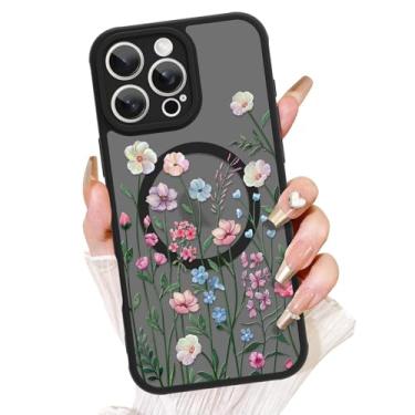 Imagem de AIGOMARA Capa floral para iPhone 16 Pro Max [compatível com MagSafe] Linda estampa floral com capa de telefone semitransparente para mulheres Gilrs TPU macio e PC capa protetora traseira fina para