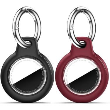 Imagem de Suporte de Airtag à prova d'água com 2 unidades com chaveiro Apple AirTag, capa rígida para PC AirTag, à prova de choque e à prova de arranhões, acessórios para etiqueta Apple - preto + vinho