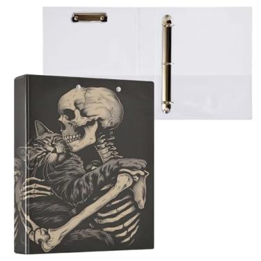 Imagem de Fichário de 3 anéis, engraçado, esqueleto, caveira, preto, 3,8 cm, fichários com três argolas com prancheta, serve para papel de 21 x 28 cm, 3 bolsos internos de PVC transparentes para material de