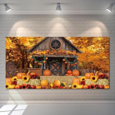 Imagem de Decoração de banner de outono de Ação de Graças, 6 x 3 m, outono, celeiro, festa de Ação de Graças, cenário fotográfico, abóbora, colheita, palheiro, girassol, fotografia, adereços para retrato de