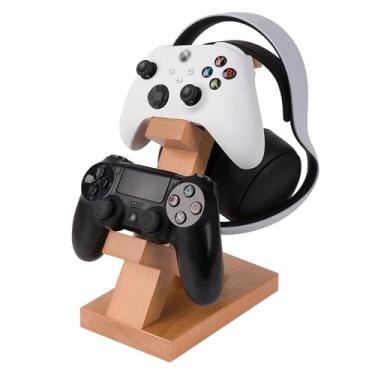 Imagem de Geekria Suporte duplo de madeira maciça para gamepad e fone de ouvido, suporte de armazenamento de controle para PS4, PS5, Xbox, Switch, 8BitDo, acessórios universais para jogos de mesa (marrom claro)
