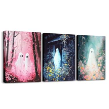 Imagem de jejeloiu Arte de parede em tela infantil de fantasma fofo para sala de estar, quarto, flores silvestres, decoração de parede para banheiro, vintage, assustador, meninos, meninas, pintura de Halloween