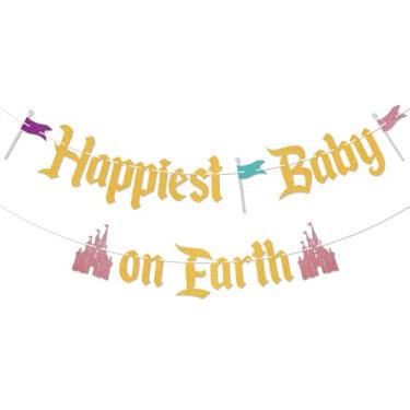 Imagem de Faixa Happiest Baby on Earth - Decoração de chá de bebê mais feliz, decorações de chá de bebê do castelo de princesa dourado com glitter