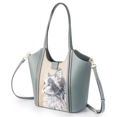 Imagem de ZHIYONG Bolsa feminina grande de couro com alça de ombro, bolsa espaçosa, bolsa moderna com alça superior para trabalho, viagens, compras e passeios casuais, cinza com design de gato preto e branco