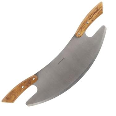 Imagem de Lâmina basculante para cortador de pizza de 43 cm – Cortador de aço inoxidável com alças duplas de madeira de oliveira para fácil corte – Cortador de mezzaluna grande – Acessórios para forno de pizza