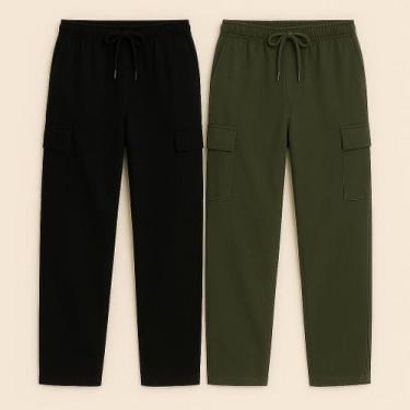 Imagem de Kit 2 Calça Cargo Larga Sarja Unissex com 5 Bolsos Corte Reto Diversas