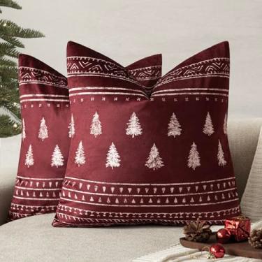 Imagem de Foindtower Pacote com 2 capas de almofada decorativas de veludo com estampa natalina com estampa de pinheiro para sofá, sala de estar, decoração de casa, 45 x 45 cm, vermelho vinho