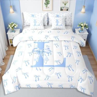Imagem de Erosebridal Conjunto de edredom infantil com laço de 7 peças, lençol com laço fofo, azul, monograma, G, para crianças, meninas, adolescentes, conjunto de cama casal